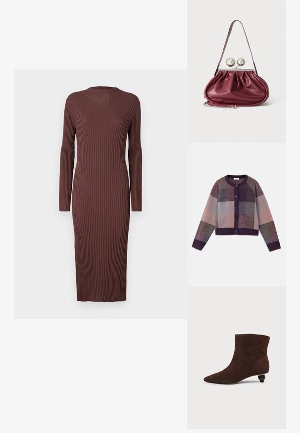Strik cardigan i nuancer af lilla, grå og beige, med et ternet mønster, rund hals og lukning med knapper foran.; Lang ribbet kjole i en dyb brun farve. Har en høj halsudskæring og lange ærmer med en tætsiddende silhuet. Teksturen er strikket.; Mørkebrun ruskindsfotokort støvle med spids tå og lav rund dekorativ hæl på ensartet lys baggrund.; Lille bordeaux læderhåndtaske med rynkede detaljer, en tynd rem og en sølvspænde med to store runde knopper.