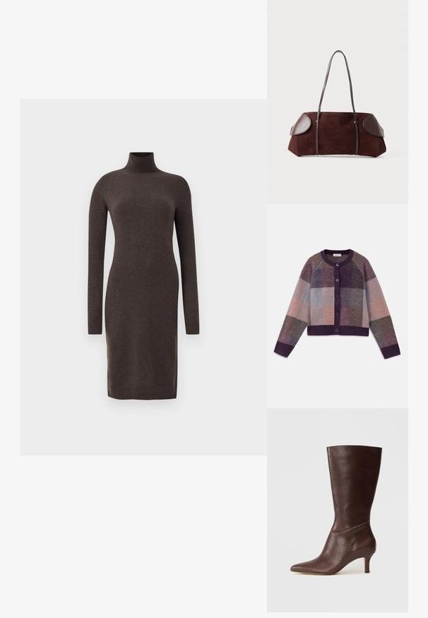 Strik cardigan i nuancer af lilla, grå og beige, med et ternet mønster, rund hals og lukning med knapper foran.; Brun langærmet sweaterkjole med høj hals, lavet af et blødt, ribbet materiale. Har tætsiddende ærmer og en lige silhuet.; Brune faux læder ankelstøvle med spids tå, tekstureret slangeprint og en 5 cm hæl, der har et slankt og strømlinet design.; Brun ruskinds taske med læderdetaljer, struktureret form, dobbelte skulderstropper og afrundede kanter, som har en glat tekstur og minimal hardware.