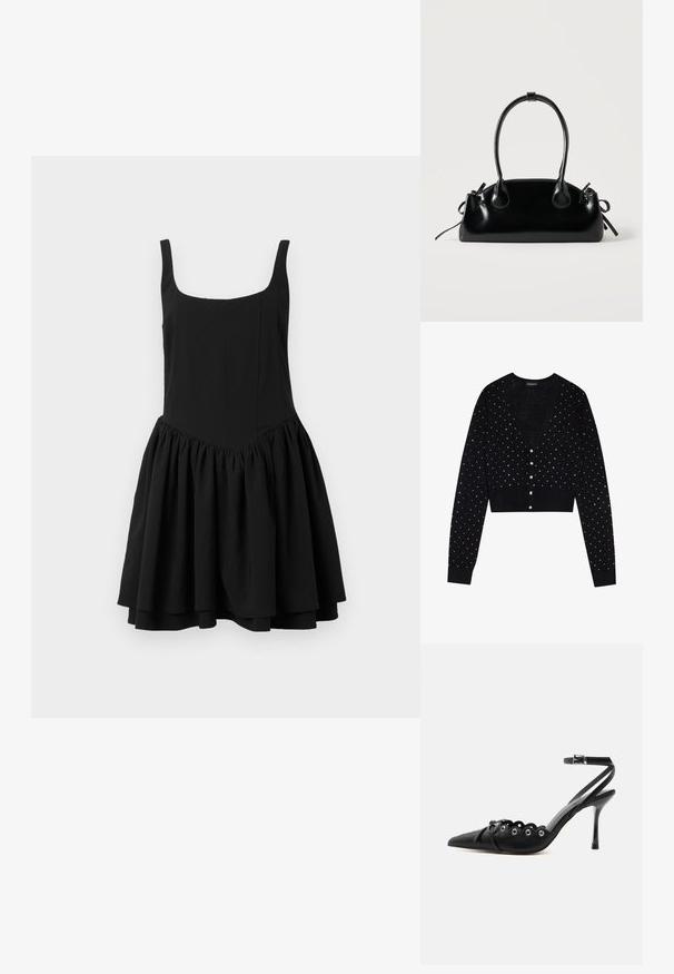 Even&Odd by Zalando Kardigan - black; Musthave mustriga kleit, millel on ruudukujuline kaelus, sobiv kehakujundus ja kokku tõmmatud, laienev seelikuosa; sile tekstuur ja ühevärviline.; Mustad terava ninaga kõrge kontsaga kingad laineliste servadega, metallist silmadega, ees nööriga ja pahkluu rihmaga, mis kinnitub pandlaga.; Väike must läikiv käekott kahe pika sangaga ja külgedel paelakinnitustega, ühel lihtsal helel taustal.