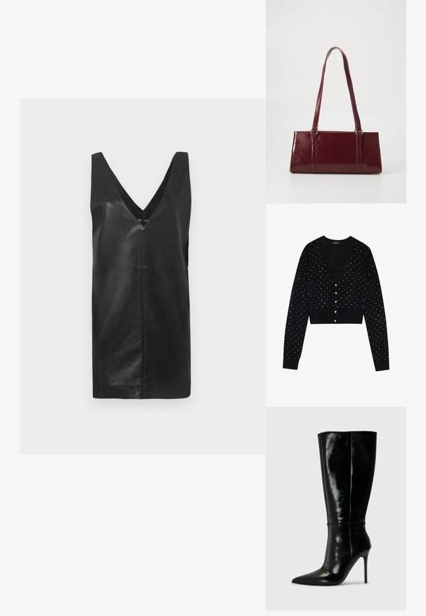 Even&Odd Gilet - black; Robe en cuir sans manches noire avec décolleté en V profond et détail de couture centrée, présentée sur un fond blanc uni.; Bottes noires en cuir, hautes jusqu'au genou, avec un bout pointu et un talon aiguille haut. Texture lisse et design épuré, avec un minimum de détails.; Sac à main bordeaux en matériau brillant, de forme rectangulaire, avec deux anses et des accents légèrement courbés à l'avant.