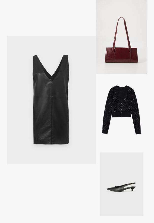 Even&Odd by Zalando Kardigan - black; Must muströöviga must nahkkleit, millel on sügav V-kaelus ja keskne õmbluse detail, esitatud lihtsa valge tausta ees.; Must musta säärega king, mis on valmistatud siledast nahast. Omab peenikest kontsa ja reguleeritaval rihmal on pandla detail.; Burgundia värvi käekott, mis on valmistatud läikivast materjalist, ristküliku kujuline, kahe õlapaelaga ning ees on peened kaarjad aktsendid.