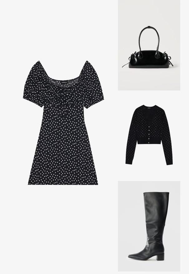 Even&Odd by Zalando Gilet - black; Robe noire courte avec des pois blancs irréguliers, manches ballons, décolleté carré et détail de nœud à l'avant.; Botte en cuir noir montant jusqu'au genou avec un nez pointu et un talon bloc, vue de côté sur un fond uni.; Petit sac à main noir brillant avec deux longues anses et des détails à cordon sur les côtés sur un fond clair uni.