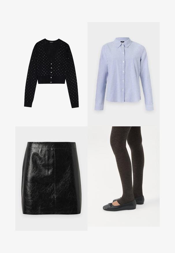 Even&Odd by Zalando Gilet - black; Chemise à manches longues boutonnée, avec des rayures verticales blanches et bleu clair et un col pointu, présentée sur un fond uni.; Jupe mini en cuir synthétique noir avec une texture lisse et brillante, présentant une coupe droite et des coutures minimales au niveau de la taille.; Jambes portant des leggings côtelés foncés associés à des ballerines noires avec de petits détails en nœud sur fond blanc.