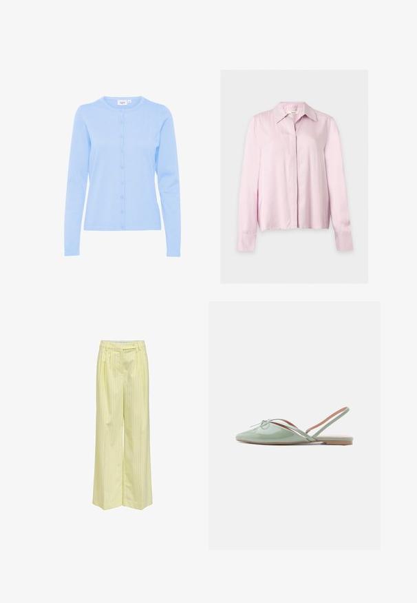 Lichtblauwe lange mouwen cardigan van een zachte breiselstof, met een ronde halslijn en een knoopsluiting met bijpassende knopen.; Lichtroze blouse met lange mouwen, kraag, verborgen knoopsluiting en op maat gemaakte manchetten, weergegeven op een effen lichte achtergrond.; Lichtgele wijde broek met fijne strepen, met riemlussen, voorplooien en een ritsvlieg met knoopsluiting.; Glanzende lichtgroene platte schoen met spits toelopende neus, slingback bandje en kleine decoratieve strik bovenop, zijaanzicht op een witte achtergrond.