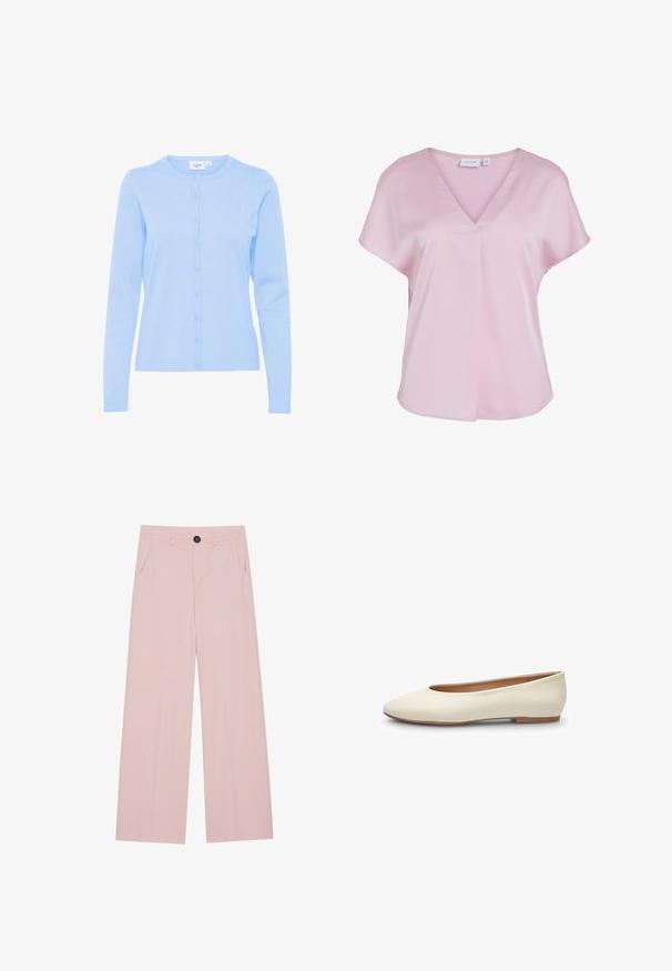 Cárdigan de manga larga azul claro, hecho de una suave tela de punto, con un escote redondo y una tapeta delantera abotonada con botones a juego.; Blusa rosa claro de manga corta con escote en V y corte suelto, hecha de tela suave, con un pequeño detalle de pliegue en la parte delantera.; Pantalones de pierna ancha de color rosa claro, confeccionados en una tela suave, que presentan un cierre frontal con botón, dos bolsillos laterales y una silueta ajustada.; Bailarina de cuero blanco con punta redondeada, diseño minimalista, textura suave y perfil bajo, con una delgada suela marrón.