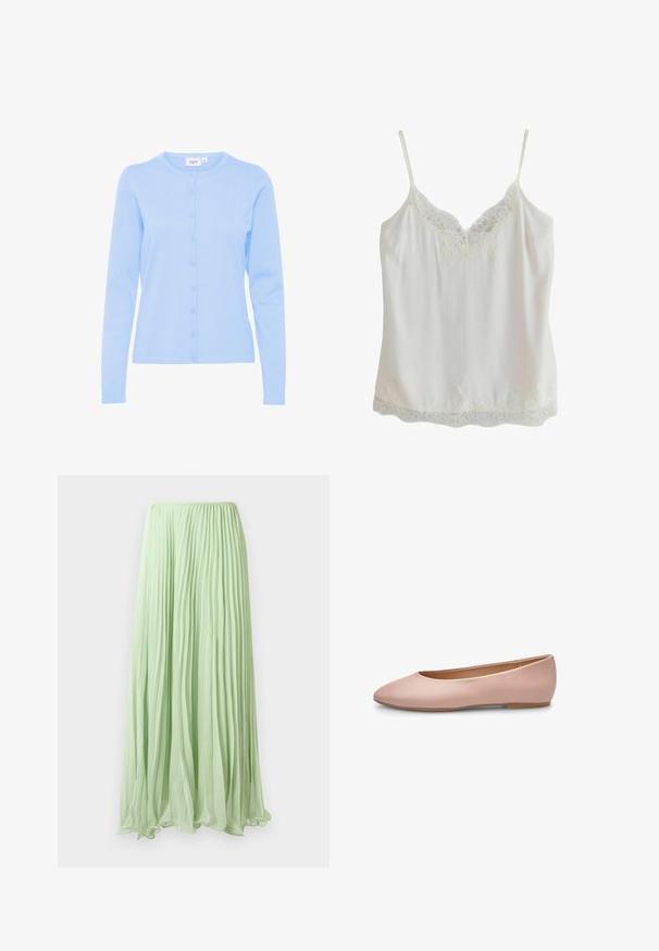 Hellblaues langärmliges Strickcardigan aus weichem Material, mit Rundhalsausschnitt und durchgehender Knopfleiste mit passenden Knöpfen.; Weißes ärmelloses Top mit dünnen Trägern und Spitzenbesatz am Ausschnitt und Saum, aus glattem Stoff gefertigt.; Helles grünes, gefaltetes langes Kleid mit fließendem Stoff und elastischem Taillenbund, vor einem weißen Hintergrund präsentiert.; Rosa Leder-Ballerina mit spitz zulaufender Zehenpartie, glatter Textur, minimalen Akzenten und einer durchgehenden hellbraunen Sohle. Einfaches Design, ohne Verzierungen.