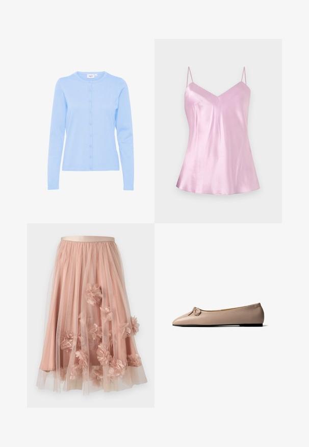 Lyseblå langærmet cardigan lavet af et blødt strikket stof, med rund halsudskæring og en knappet front med matchende knapper.; Lyserød satin camisole med tynde, justerbare spaghetti-stropper og en let V-udskæring, vist mod en ensartet hvid baggrund.; Tylskørt i blød lyserød med satinbånd i taljen. Har lag af gennemsigtigt stof og tredimensionelle blomsterapplikationer over det hele.; Beige læderballetsko med en lille sløjfe på den runde tå og flad sort sål, vist fra siden på en hvid baggrund.