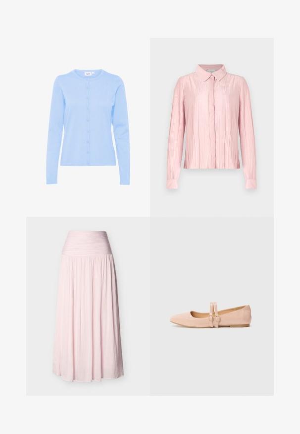 Cárdigan de manga larga azul claro, hecho de una suave tela de punto, con un escote redondo y una tapeta delantera abotonada con botones a juego.; Blusa rosa de manga larga con cuello, que presenta una textura plisada y cierre de botones en el frontal. Tejido suave con puños en contraste.; Falda larga de talle alto en color rosa claro, con cintura fruncida y tela plisada y fluida que llega hasta el suelo.; Bailarinas de charol rosa pálido con punta afilada, que presentan dos correas ajustables y una suela de goma baja y plana.