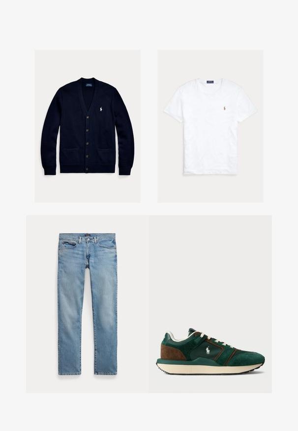 Marineblå strikket cardigan med V-hals, knaplukning foran, to forlommer og et lille hvidt logo på brystet. Blød tekstur og afslappet pasform.; Hvid T-shirt med rund hals og korte ærmer med lille broderet Polo Ralph Lauren-logo på venstre bryst og blå mærkeetiket indvendigt i kraven.; Lyseblå jeans med lige ben, forlommer og knaplukning, lagt fladt på en hvid baggrund.; Herresneakers i mørkegrøn og brun ruskind, med mesh-paneler, hvide snørebånd og en gummisål. Har et logo på siden.