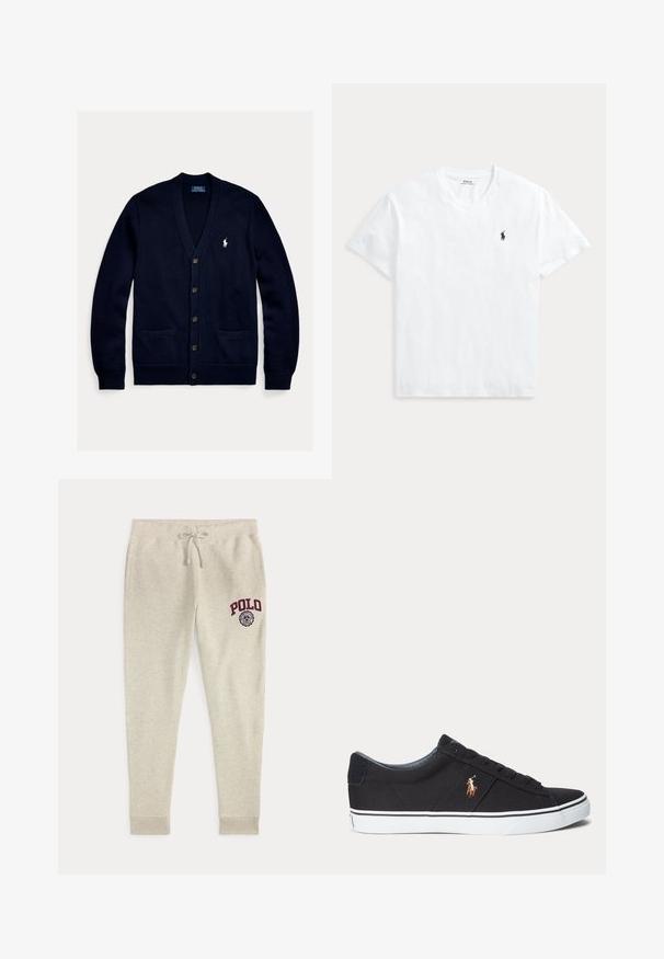 Marineblå strikket cardigan med V-hals, knaplukning foran, to forlommer og et lille hvidt logo på brystet. Blød tekstur og afslappet pasform.; Hvid T-shirt med V-hals og korte ærmer med lille navyblåt Polo Ralph Lauren hestelogo på venstre bryst.; Beige joggingbukser med snøre og sidelommer samt rød "POLO" logo og emblem på øverste venstre lår.; Sort lav sneakersko med hvid sål og broderet polo spiller logo på siden, med snørebånd og tekstureret stofoverdel.