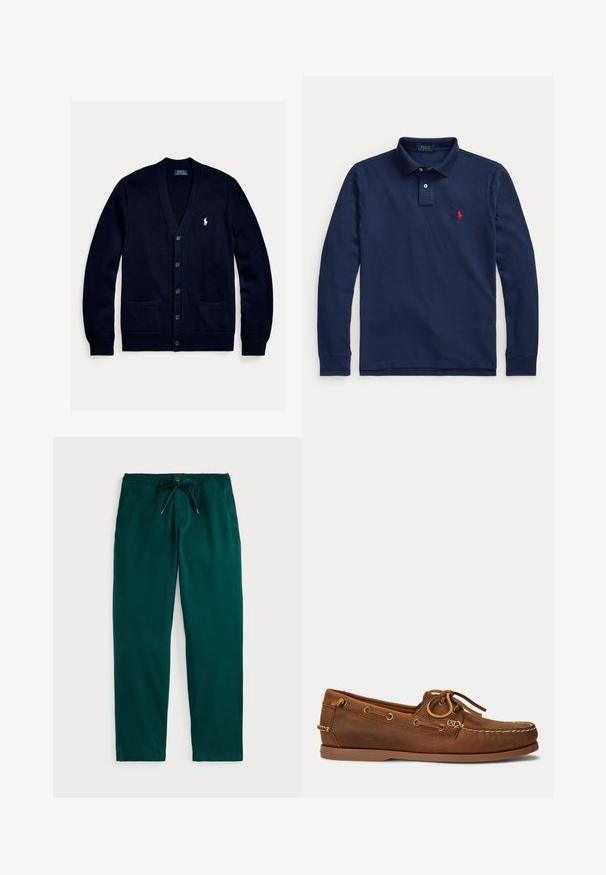Marineblå strikket cardigan med V-hals, knaplukning foran, to forlommer og et lille hvidt logo på brystet. Blød tekstur og afslappet pasform.; Navyblå langærmet poloshirt med krave, to knapper og rødt broderet logo på venstre bryst.; Polo Ralph Lauren POLO PREPSTER STRETCH CLASSIC FIT PANT - Bukser - frond green; Brun læder bådsko med mokasinsyning, snøredetalje træde gennem metaløjer og flad gummi sål vist fra siden.