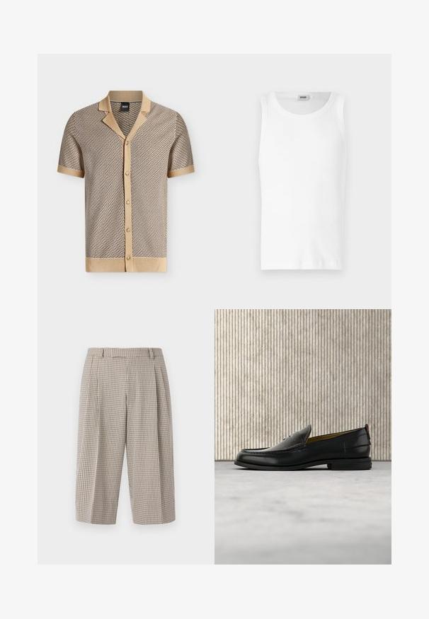 Chemise en maille beige et marron à manches courtes avec un motif géométrique, patte de boutonnage devant, col et poignets contrastants.; Débardeur en coton blanc sans manches avec un col rond et une texture lisse. Design simple, sans motifs ni accents.; Pantalon court taille haute à jambes larges avec motif petits carreaux beige et noir, passants de ceinture et plis devant.; Mocassin pour homme en cuir noir avec un dessus embossé effet croco et un petit talon, présenté de profil sur un fond neutre.