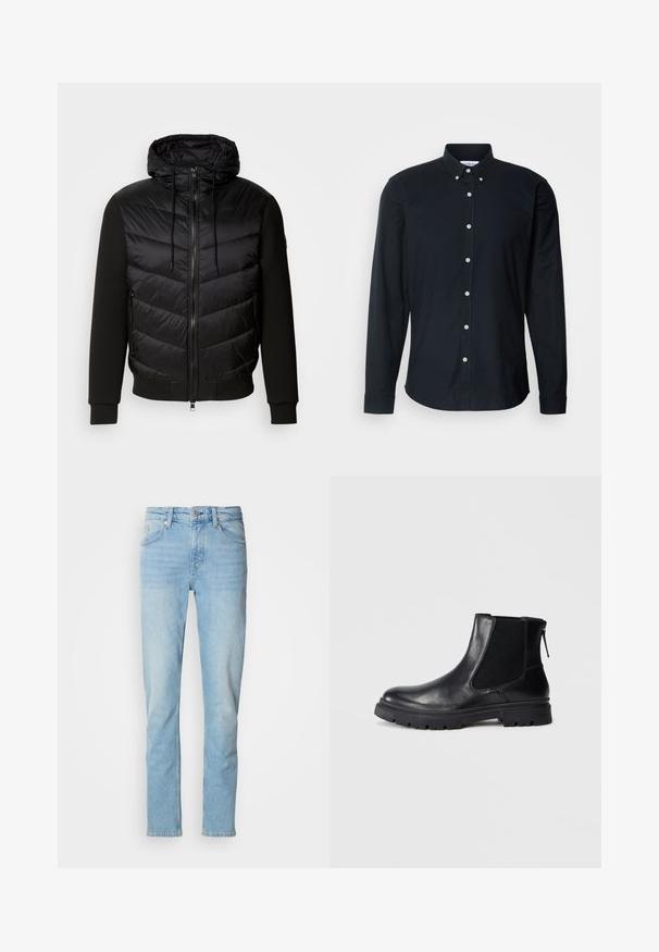 Schwarze Jacke mit einem gepolsterten, gesteppte Vorderseite und weichen Stoffärmeln. Verfügt über eine Kapuze, einen durchgehenden Reißverschluss und seitliche Taschen.; Schwarzes Langarmhemd aus Baumwolle mit Knopfleiste, spitzen Kragen, weißen Knöpfen und geradem Saum mit geknöpften Manschetten.; Hellblaue Jeans aus Denim, mit geradem Schnitt, fünf Taschen, Gürtelschlaufen und einem Knopfverschluss.; Schwarze Leder-Ankle-Boots mit einer glatten Oberfläche, elastischen Mesh-Seitenteilen und einer robusten Sohle mit sichtbarem Profil.