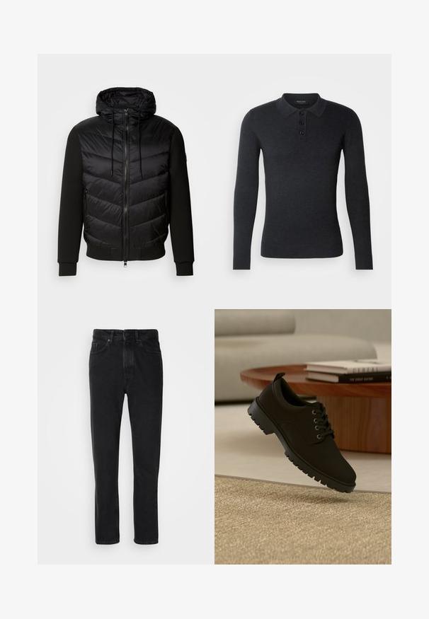 Schwarze Jacke mit einem gepolsterten, gesteppte Vorderseite und weichen Stoffärmeln. Verfügt über eine Kapuze, einen durchgehenden Reißverschluss und seitliche Taschen.; Schwarzes Langarm-Polo-Shirt aus Strickstoff. Mit einem Kragen, einer Knopfleiste mit drei Knöpfen und gerippten Bündchen für einen taillierten Look.; Schwarze Denim-Jeans mit geradem Beinschnitt, ausgestattet mit einem Knopf- und Reißverschluss, Fronttaschen und subtiler Textur.; Schwarzer Leder-Schnürschuh mit klobiger Sohle, der über einem beigen Teppich in einem minimalistischen Wohnzimmer schwebt