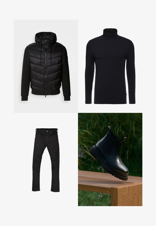 Schwarze Jacke mit einem gepolsterten, gesteppte Vorderseite und weichen Stoffärmeln. Verfügt über eine Kapuze, einen durchgehenden Reißverschluss und seitliche Taschen.; Schwarzes Langarm-Turtleneck-Shirt aus weichem, dehnbaren Stoff. Verfügt über ein tailliertes Design und eine glatte Textur. Keine sichtbaren Muster oder Akzente.; Schwarze Denim-Jeans mit geradem Bein, im Fünf-Taschen-Stil und mit Metallknopfverschluss. Glatte Textur und einheitliche Farbe im gesamten Material.; Schwarze Leder-Chelsea-Stiefel mit abgerundetem Zehenbereich, dicker Gummisohle und seitlichen elastischen Einsätzen, auf einer Holzoberfläche mit grünem Hintergrund präsentiert.