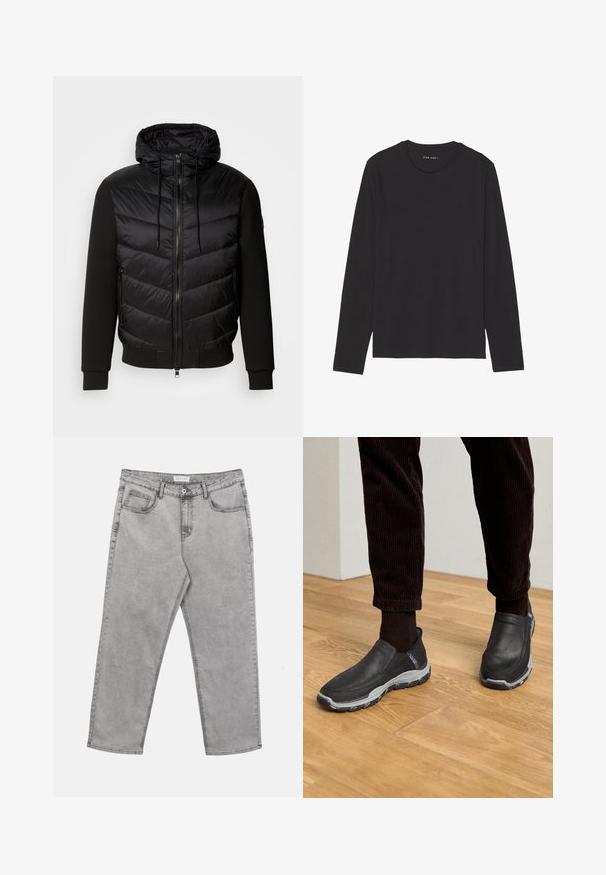 Sort jakke med en pufvet quiltet front og bløde stofærmer. Har hætte, fuld lynlås og sidelommer.; Sort langærmet t-shirt lavet af blødt, let stof. Har rund halsudskæring og lige kant. Ingen synlige mønstre eller detaljer.; Lysegrå denimjeans med forreste knap og lynlås, bæltestropper og fem lommer, lagt fladt på en hvid baggrund.; Sorte slip-on sko med strukturerede læderoverdele og en grå gummi sål, placeret på et trægulv og med fløjlsshorts.