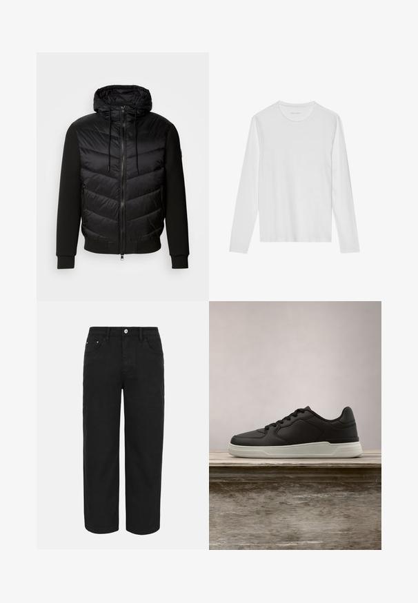 Schwarze Jacke mit einem gepolsterten, gesteppte Vorderseite und weichen Stoffärmeln. Verfügt über eine Kapuze, einen durchgehenden Reißverschluss und seitliche Taschen.; Langärmeliges weißes T-Shirt aus weicher Baumwolle, mit rundem Ausschnitt und glatter Textur ohne sichtbare Muster oder Akzente.; Schwarze gerade geschnittene Hose mit vorderer Knopf- und Reißverschluss, Gürtelschlaufen und drei vorderen Taschen auf hellem einfarbigem Hintergrund.; Schwarzer Sneaker mit weißer Sohle, der über einer hölzernen Bank schwebt, mit grünen Blättern im unscharfen Hintergrund.