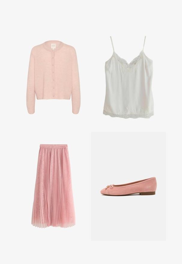 Lyserød cardigan lavet af blødt stof, med rund halsudskæring, lange ærmer og fuld knaplukning ned langs fronten.; Hvid ærmeløs camisole med tynde stropper og blondekant på udskæringen og kanten, lavet af glat stof.; Rosa plisseret midi-nederdel med et lag af blonder under og en rynket talje, vist på en hvid baggrund.; Blød lyserød ruskind balletflat med lille sløjfe og gyldent accent på afrundet tå, lav hæl og glat sål.