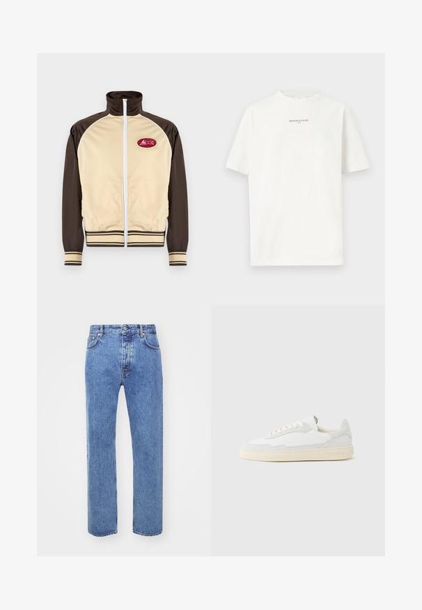 Veste zippée beige et marron avec col haut, poignets et ourlet rayés, featuring un patch rond avec un design rouge sur la zone gauche de la poitrine.; T-shirt blanc à manches courtes avec l'inscription "MAISON KITSUNÉ PARIS" en petites lettres noires centrées sur la poitrine.; Won Hundred STEVE - Jean boyfriend - cut blue; Baskets blanches avec dessus en daim et cuir texturé. Caractérisées par un bout arrondi, une fermeture à lacets et une semelle en caoutchouc beige contrastante.
