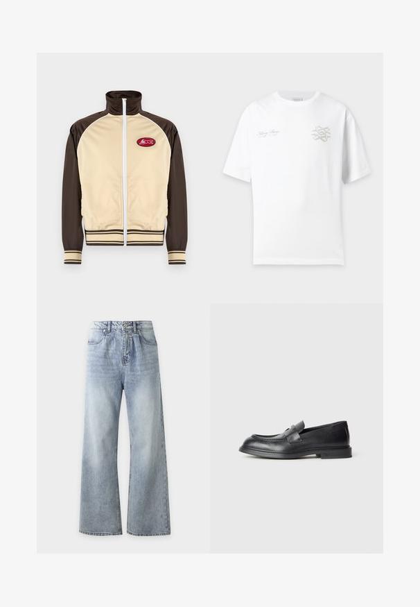 Veste zippée beige et marron avec col haut, poignets et ourlet rayés, featuring un patch rond avec un design rouge sur la zone gauche de la poitrine.; T-shirt blanc à manches courtes avec un petit graphisme gris et le texte "Filling Pieces" sur la poitrine, présenté sur un fond gris clair.; Jean bleu clair taille haute à jambes larges avec poches avant, fermeture à boutons et délavage sur les cuisses et les genoux.; Mocassins en cuir noir avec une finition texturée, dotés d'une bride décorative à l'avant et d'un bout arrondi. Semelle en caoutchouc pour plus de durabilité.