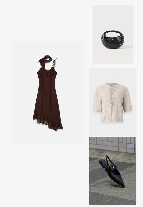 Cardigan tricoté beige clair à manches courtes, à l'avant ouvert, avec un détail à lacets au niveau du col. Texture douce, design décontracté.; Robe sans manches marron foncé avec fines bretelles à nouer, détail volanté en haut et à l'ourlet, et jupe asymétrique avec une écharpe assortie.; Chaussure plate à bout pointu marron foncé avec bride arrière, large sangle et grande boucle argentée sur l'asphalte près d'un mur carrelé.; Sac à main en cuir noir de forme arrondie, décoré de clous argentés et équipé d'une poignée courte. Texture lisse et fermeture éclair.