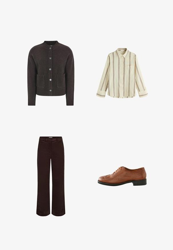 Brun strikket cardigan med rund halsudskæring, fem blå knapper, ribbet kant og to lommer foran. Blød tekstur over det hele.; Langærmet skjorte med knapper og lodrette beige og brune striber, spids krave, brystlomme og manchetter på ærmerne.; Brune brede benbukser i et glat stof med lige snit og standard talje, designet til en afslappet pasform.; Brune læder brogue sko med perforeret detaljer, rund tå og en lav sort hæl. Designet med en klassisk snøring.