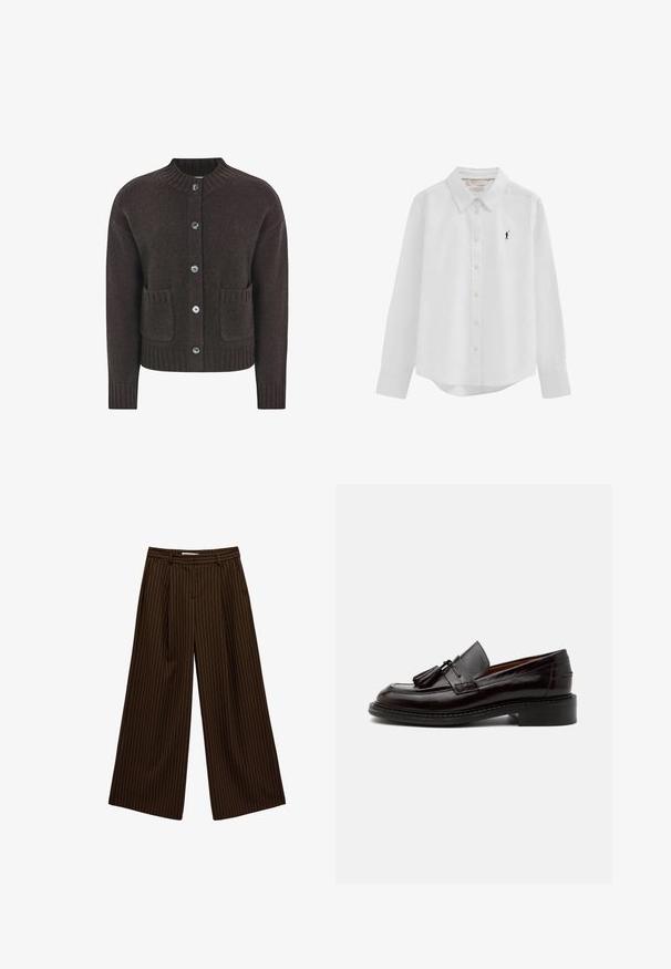 Brun strikket cardigan med rund halsudskæring, fem blå knapper, ribbet kant og to lommer foran. Blød tekstur over det hele.; Hvid langærmet skjorte med knapper, krave og lille sort broderet polo-spillerlogo på venstre bryst.; Brune bukser med vide ben med tynde lodrette hvide nålestriber, bæltestropper og lynlås foran.; Mørkebrun læderloafer med duske, syningsdetaljer og en lav stablet hæl på en ensfarvet lys baggrund.