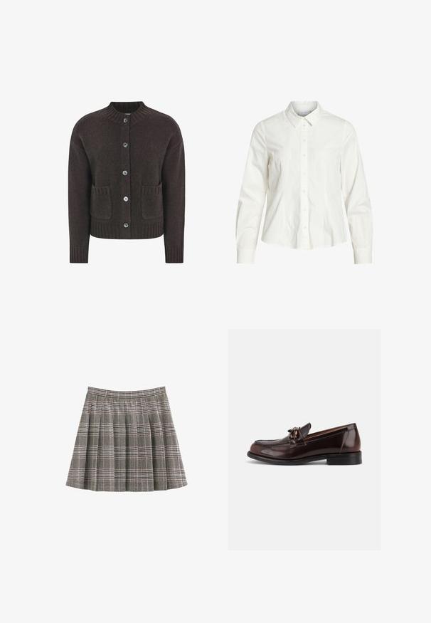 Brun strikket cardigan med rund halsudskæring, fem blå knapper, ribbet kant og to lommer foran. Blød tekstur over det hele.; Hvid skjorte med knapper lavet af bomuld, med klassisk krave, lange ærmer og diskrete pintuck-detaljer fortil. Glat tekstur.; Plisseret nederdel i sort, hvid og grå med folder og en tilpasset linning. Ensartet tekstur med et klassisk tartanmønster over hele.; Mørkebrune herreloafer i læder med lav hæl og dekorativt metalstykke på vristen, vist i sideprofil på hvid baggrund.