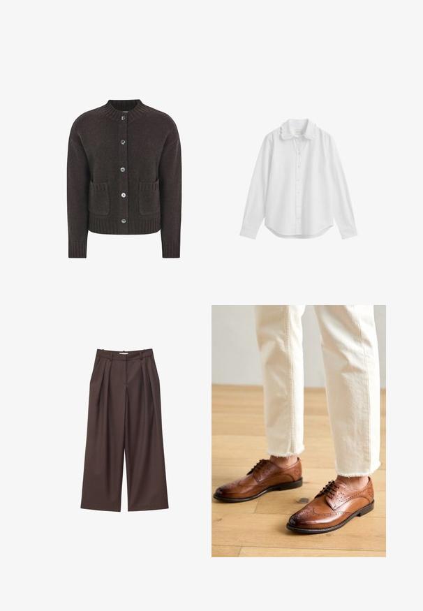 Brun strikket cardigan med rund halsudskæring, fem blå knapper, ribbet kant og to lommer foran. Blød tekstur over det hele.; Hvid langærmet skjorte med knapper, med en bølget krave og knappede manchetter, vist på en hvid baggrund.; Brune højtaljede bukser med vide ben, forreste læg, bæltestropper og skjult frontlukning.; Brune læder brogue sko med perforerede detaljer, rund tå og en glat overflade, parret med cremede bukser med frynset kant.