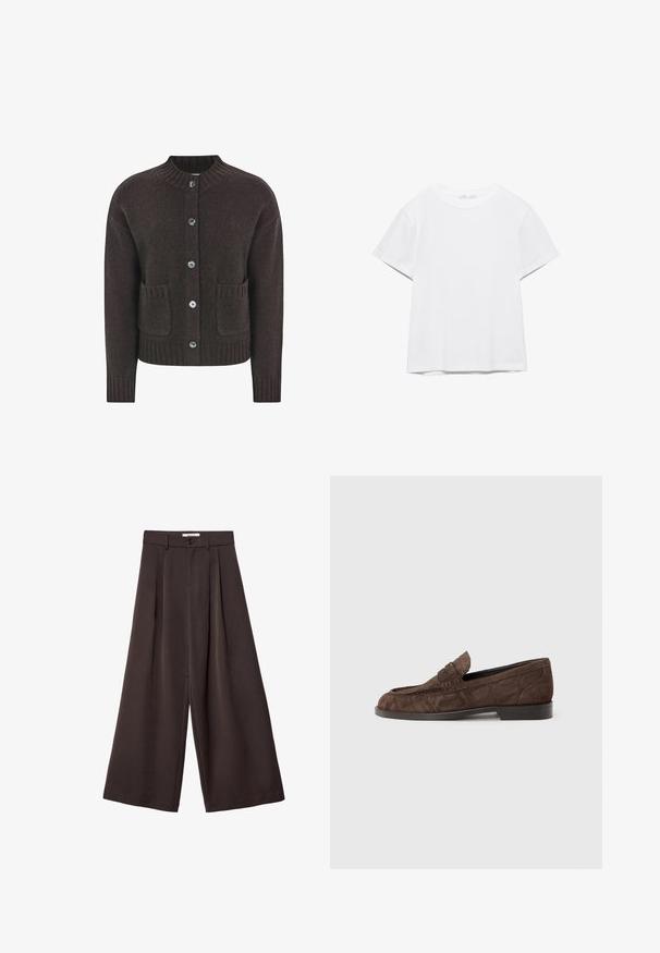 Brun strikket cardigan med rund halsudskæring, fem blå knapper, ribbet kant og to lommer foran. Blød tekstur over det hele.; Hvid, kortærmet T-shirt med rund hals og lige kant, vist på en hvid baggrund.; Bukser med vidde i mørkebrun stof, med plisseringer, knaplukning og en glat tekstur; ankel-længde med et skræddersyet design.; Brune ruskindsløbere med en tekstureret overdel, et forhøjet bånd tværs over vampen og en flad hæl, der viser et klassisk slip-on-design.