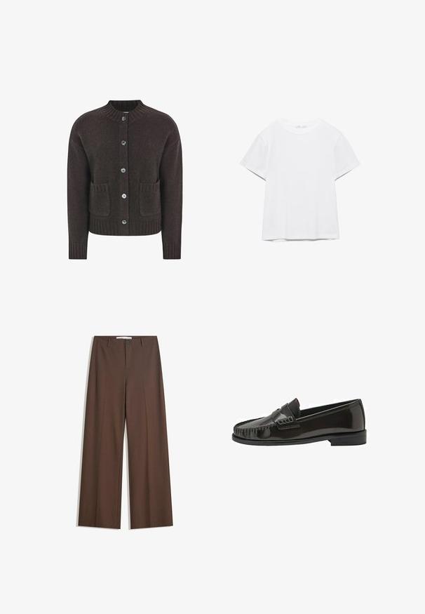 Brun strikket cardigan med rund halsudskæring, fem blå knapper, ribbet kant og to lommer foran. Blød tekstur over det hele.; Hvid, kortærmet T-shirt med rund hals og lige kant, vist på en hvid baggrund.; Brune brede bukser med en glat tekstur, frontfald, en knaplukning og to sidelommer. Designet til komfort og alsidighed.; Sort blank læder herre slip-on loafer med syning på moc tå og lav stablet hæl, vist i sideprofil på hvid baggrund.