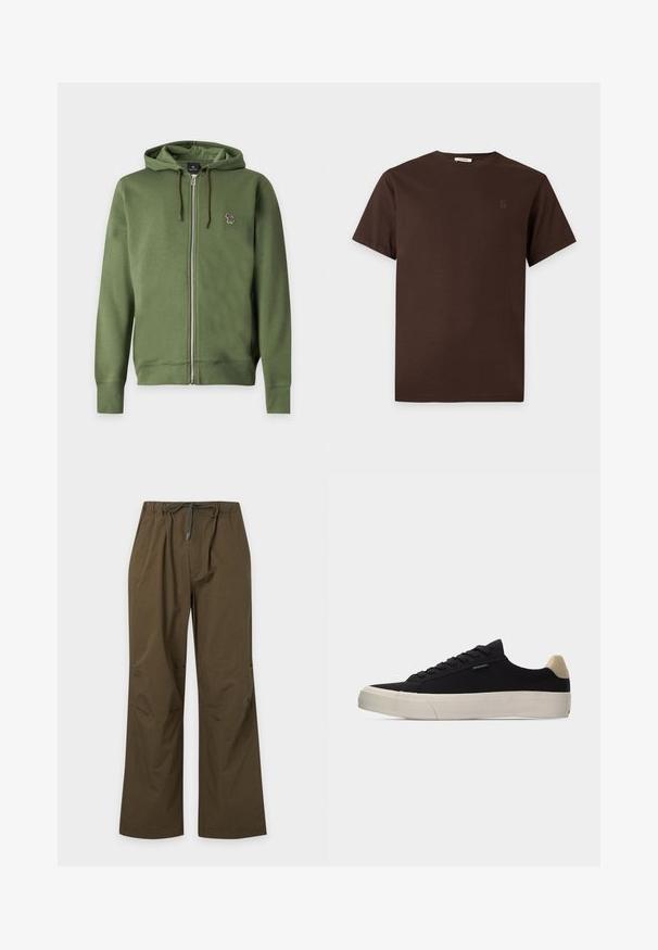 Sweat à capuche zippé vert olive avec cordons et petit logo zèbre multicolore brodé sur la poitrine gauche.; T-shirt en coton marron à manches courtes avec col rond et logo brodé discret sur la poitrine gauche, présenté sur un fond blanc uni.; Pantalon décontracté vert olive avec taille élastique et cordon de serrage à l'avant, coupe droite et coupe décontractée.; Baskets basses noires avec languette beige au talon, semelle en caoutchouc blanche épaisse, lacets noirs et petite étiquette "PS Paul Smith" sur le côté.