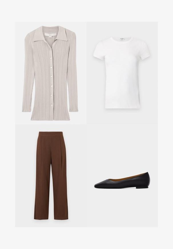 Lys grå ribbet cardigan med lange ærmer, en klapkrave og seks runde knapper foran. Struktureret stof med lodrette linjer.; Hvid, stribet T-shirt med kortærmer og rund hals. Stoffet ser glat ud med en tætsiddende silhuet. Brandingmærke synligt ved kraven.; Brune vidde-bukser med en glat tekstur, der har en flad front og læg. Taljebåndet er elastisk for komfort og pasform.; Sort læder flad sko med spids tå, lav hæl og glat finish, vist fra siden på en lysegrå baggrund.