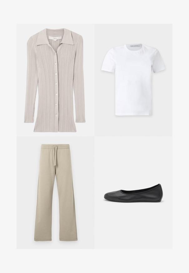 Cardigan à côtes de couleur gris clair, doté de manches longues, d'un col en V et de six boutons ronds sur le devant. Tissu texturé avec des lignes verticales.; T-shirt blanc uni à manches courtes et col rond avec une petite étiquette de marque à l'intérieur du col portant la mention "Tiger of Sweden."; Pantalons larges beiges en tissu doux, dotés d'une taille élastique avec cordon de serrage et de coutures latérales pour un ajustement décontracté.; Ballerines en cuir noir avec un bout rond, texture lisse, détails de couture minimalistes et design de semelle flexible.