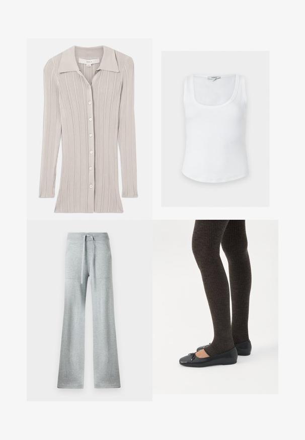 Lichtgrijze geribbelde cardigan met lange mouwen, een gekartelde kraag en zes ronde knopen aan de voorkant. Geverfd stof met verticale lijnen.; Witte mouwloze ribgebreide tanktop met ronde halslijn en Topshop-label aan de binnenkant achterin de kraag, weergegeven op een effen achtergrond.; Grijze flare sweatpants met een geribbelde tailleband en een trekkoord, voorzien van zijzakken en een zachte, gestructureerde stof.; Benen met donkere geribbelde leggings gecombineerd met zwarte ballerina's met kleine strikdetails op een witte achtergrond.