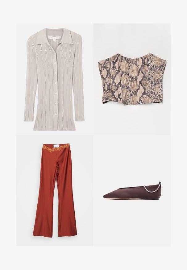 Lys grå ribbet cardigan med lange ærmer, en klapkrave og seks runde knapper foran. Struktureret stof med lodrette linjer.; Korsettop lavet af faux slangeskind, med et beige og sort mønster, struktureret design og glat tekstur.; Uden flared bukser i dyb rustfarve med en blank finish og intrikate blonde detaljer i taljen. Materialet er glat og strækbart.; Mørkebrun flad sko med spids tå, lav hæl og en sølvfarvet rhinstenkæde detalje bagpå.