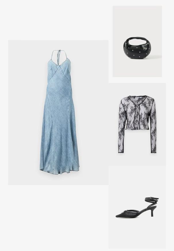Haut à manches longues en dentelle noire transparente avec des motifs floraux, design cropped, décolleté en V et fermeture à boutons sur le devant. Texture douce.; Robe en denim d'une teinte bleu clair, dotée de bretelles spaghetti, d'une coupe évasée et de plis subtils le long du corsage. Silhouette longue et fluide.; Escarpin noir à bout pointu avec talon kitten, dessus en dentelle, bord festonné et bride autour de la cheville avec fermeture à boucle.; Sac à main en cuir noir de forme arrondie, décoré de clous argentés et équipé d'une poignée courte. Texture lisse et fermeture éclair.
