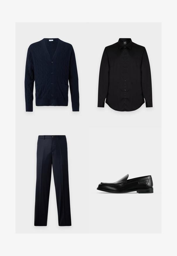 Navy blue cable knit cardigan with V-neck, front buttons, long sleeves, and two front pockets.; Black long-sleeve button-up shirt with a classic collar and subtle A|X logo on the lower front left side.; Navy blue trousers with a flat front, made of woven fabric. Features a button closure, belt loops, and straight legs.; Black leather slip-on loafer with low heel, rounded toe, and decorative stitching along the upper edge.
