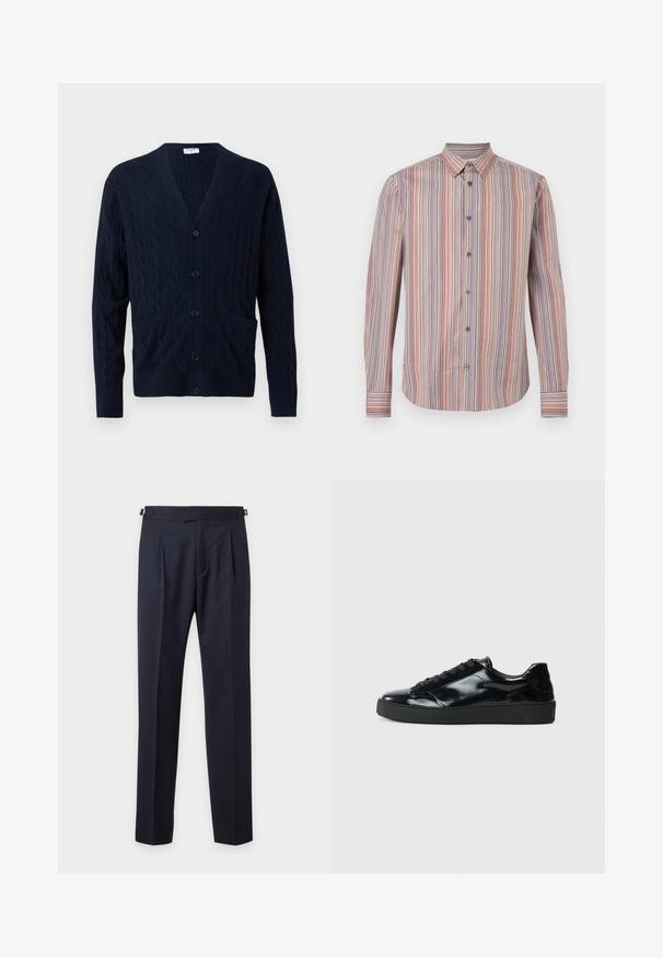 Cardigan de lana azul marino con cuello en V, botones delanteros, mangas largas y dos bolsillos delanteros.; Camisa de hombre de manga larga con botones, con finas rayas verticales en varios colores, incluidos rojo, azul y negro sobre un fondo beige.; Pantalones de vestir azul marino a medida con pinzas, pestañas laterales ajustables y un corte recto y ajustado en un fondo liso y claro.; Zapatillas de charol negro con punta redonda, diseño con cordones, suela de goma texturizada y acabado suave.