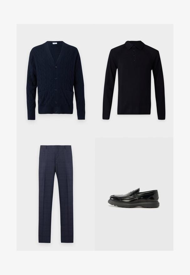 Navy blue cable knit cardigan with V-neck, front buttons, long sleeves, and two front pockets.; Black long-sleeve polo shirt with collar and four black buttons down the front placket on a plain light background.; Navy blue dress pants with subtle light blue plaid pattern, belt loops, and front crease detailing.; Black leather loafer with a glossy finish, rounded toe, subtle stitching details, and a thick rubber sole for durability.