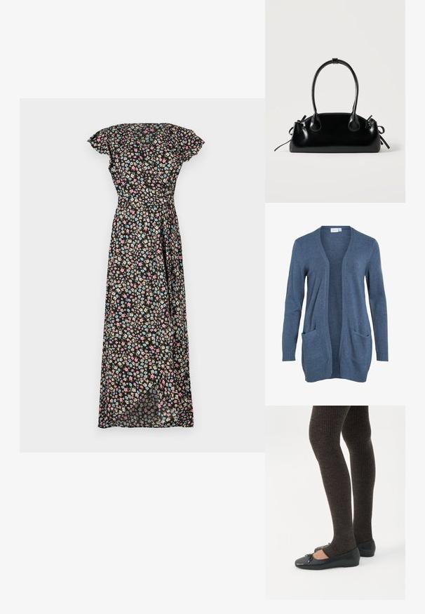 Langsleeve open-front cardigan in donkerblauwe brei stof met twee voorzakken en geribde mouwen. Zachte textuur, relaxed fit.; Zwarte bloemen maxi-jurk met korte fladdermouwen, voorzien van een getailleerde taille en een vloeiende rok versierd met roze, blauwe en beige bloemen.; Benen met donkere geribbelde leggings gecombineerd met zwarte ballerina's met kleine strikdetails op een witte achtergrond.; Kleine zwarte glanzende handtas met twee lange hengsels en zijkant trekkoord details op een effen lichte achtergrond.
