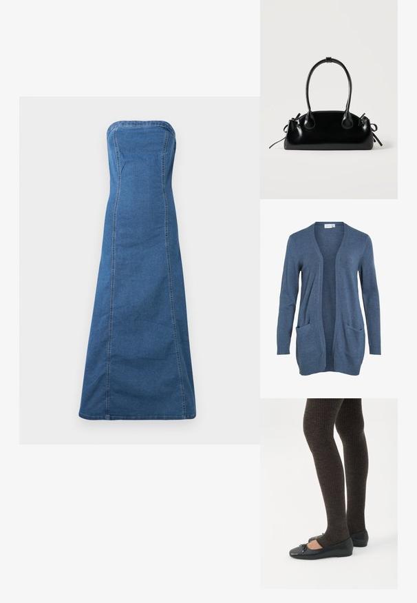 Cardigan à manches longues, ouvert sur le devant, en tricot bleu foncé avec deux poches avant et des poignets côtelés. Texture douce, coupe décontractée.; Robe en denim sans bretelles de couleur bleu moyen avec une silhouette droite, présentant des coutures visibles et une texture lisse.; Jambes portant des leggings côtelés foncés associés à des ballerines noires avec de petits détails en nœud sur fond blanc.; Petit sac à main noir brillant avec deux longues anses et des détails à cordon sur les côtés sur un fond clair uni.