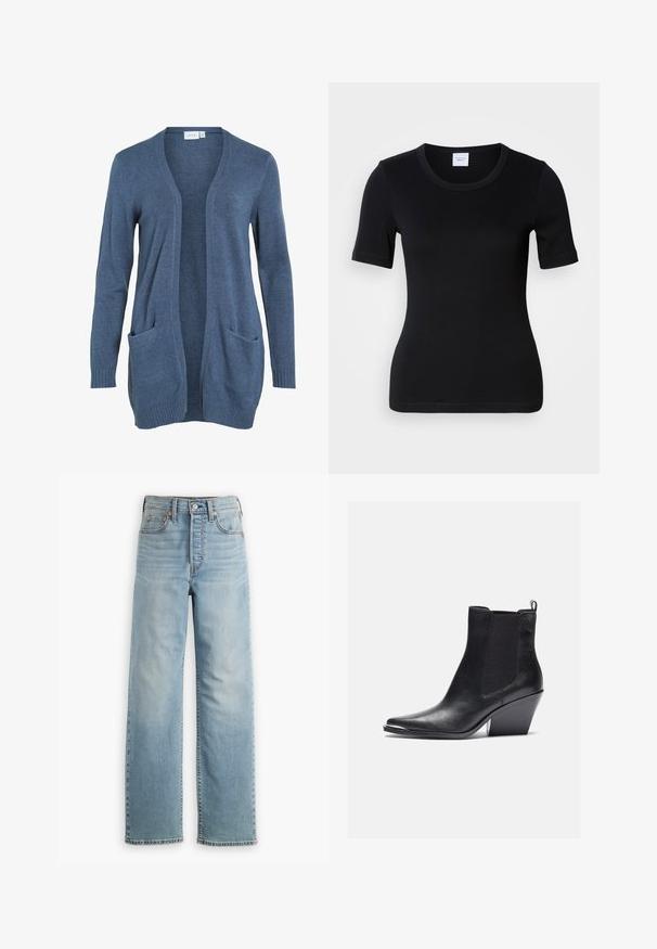 Langærmet cardigan med åben front i mørkeblå strikket stof med to for- og ribbet manchetter. Blød tekstur, afslappet pasform.; Sort t-shirt med korte ærmer fremstillet af blød bomuld. Har rund halsudskæring og en tætsiddende pasform med minimale syningsdetaljer.; Lyseblå denimjeans med højtaljet design, lige ben, fem-lomme stil og synlige syningsdetaljer.; Sorte læder ankelstøvler med spids tå, elastiske sidepaneler og blokhæl. Finishen er glat med et strømlinet design.