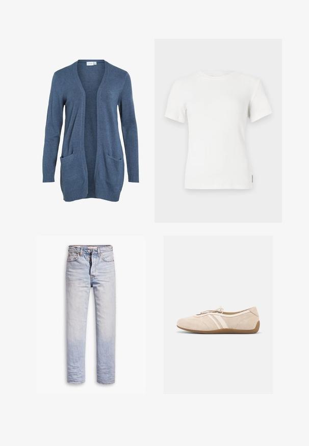 Langsleeve open-front cardigan in donkerblauwe brei stof met twee voorzakken en geribde mouwen. Zachte textuur, relaxed fit.; Witte geribbelde korte mouw t-shirt met een ronde halslijn. Zachte structuur, aansluitend ontwerp en minimale stikseldetails.; Lichtblauwe denim jeans met een straight leg ontwerp, voorzien van een knoopgulp, vijf zakken en subtiele vervaging langs de benen.; Beige suède platte schoen met twee witte leren strepen aan de zijkant, een bruine zool en een trekkoordsluiting bovenop.