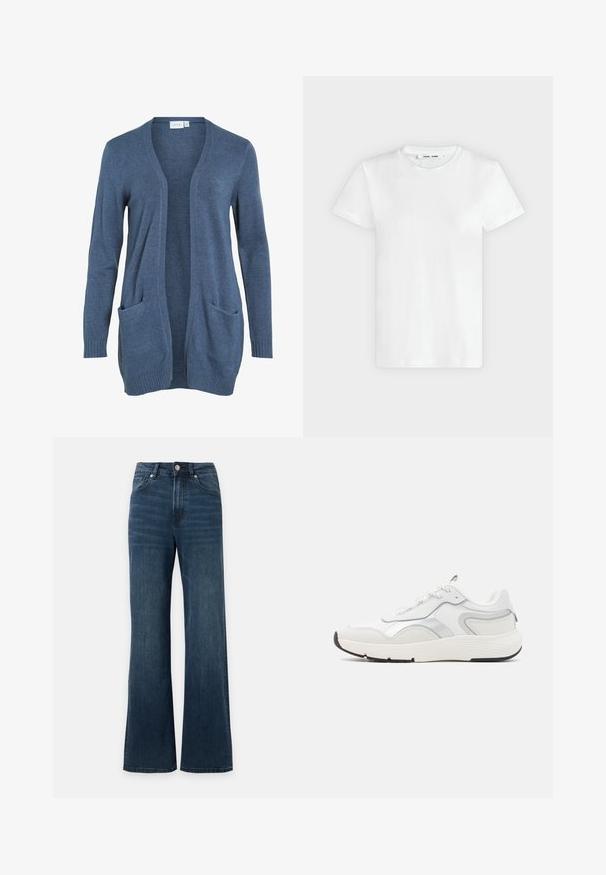 Cárdigan de manga larga, de apertura frontal en tejido de punto azul oscuro con dos bolsillos frontales y puños acanalados. Textura suave, corte holgado.; Camiseta blanca lisa de manga corta y cuello redondo, colocada plana sobre un fondo gris claro, mostrando la parte delantera con etiqueta dentro del escote.; Vaqueros de mezclilla azul oscuro de tiro alto con corte de pierna ancha, botón frontal, cremallera y diseño clásico de cinco bolsillos.; Zapatilla blanca con parte superior de ante y sintético, acentos texturizados en gris claro y suela de goma con una suela exterior negra. Los cordones son planos.