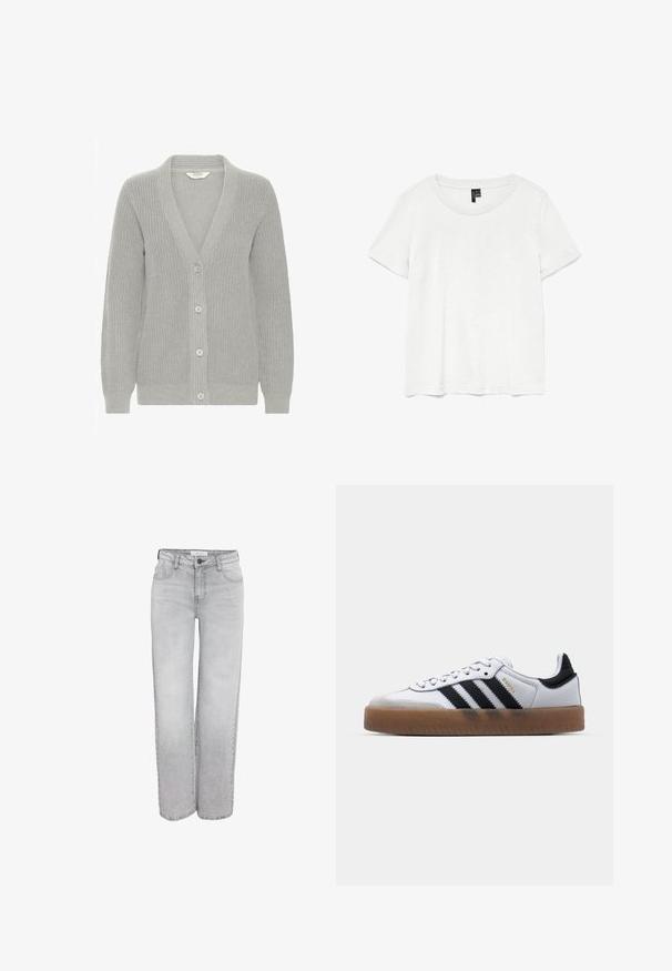 Cardigan en tricot gris avec un col en V, texture côtelée, cinq boutons sur le devant et manches longues. Design léger et polyvalent.; T-shirt blanc à manches courtes avec un col rond, fabriqué en tissu léger. Design simple, texture lisse et ourlet droit.; Jeans droits gris clair avec poches avant, passants de ceinture et fermeture à bouton, présentés sur un fond blanc.; Baskets en cuir blanc avec des rayures noires, semelle extérieure en caoutchouc beige, bout rond, fermeture lacée et embout en suède gris doux.