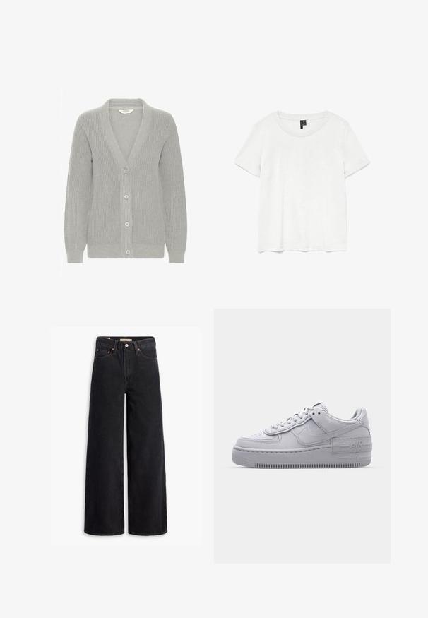 Grijze gebreide cardigan met een V-hals, geribbelde textuur, vijf knopen aan de voorkant en lange mouwen. Lichtgewicht en veelzijdig ontwerp.; Witte t-shirt met korte mouwen en een ronde hals, gemaakt van lichte stof. Eenvoudig ontwerp, gladde textuur en rechte zoom.; Zwarte brede jeans gemaakt van denim, met vijf zakken, koperen klinknagels en een klassieke knoopsluiting. Glad van textuur met een strakke uitstraling.; Grijze Nike Air Force 1 sneaker met geperforeerde neus, glad leren bovenwerk, dikke zool en verhoogde 'AIR' details op de hiel.
