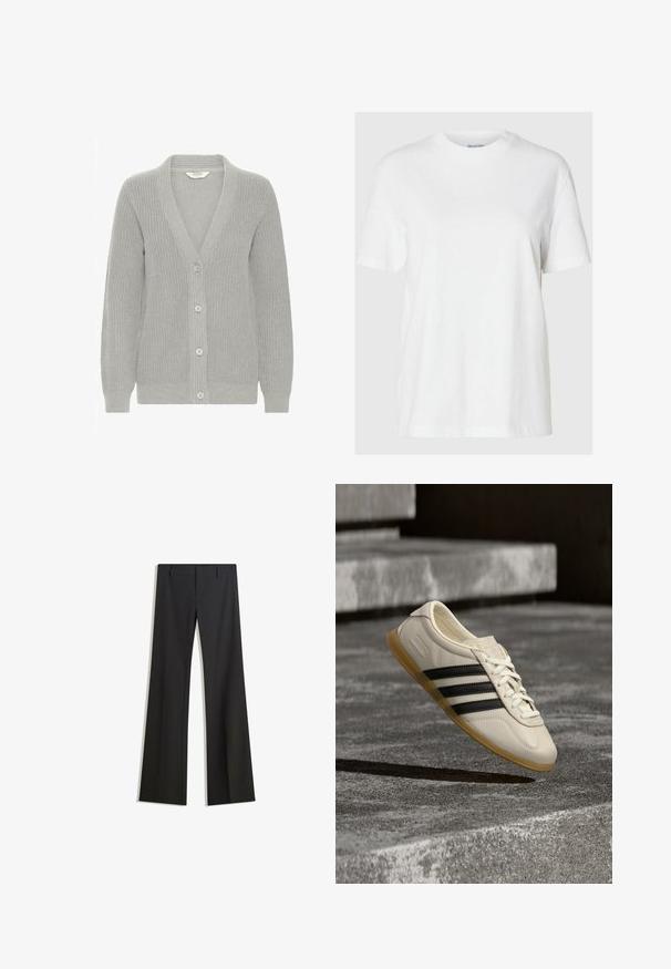 Grijze gebreide cardigan met een V-hals, geribbelde textuur, vijf knopen aan de voorkant en lange mouwen. Lichtgewicht en veelzijdig ontwerp.; Witte katoenen t-shirt met korte mouwen en een ronde halslijn. Heeft een relaxte pasvorm en een minimalistisch ontwerp zonder patronen of accenten.; Zwarte, uitlopende broek met een gladde textuur, voorzien van een getailleerde pasvorm en een tailleband. Geen zichtbare patronen of versieringen.; Witte sneaker met zwarte strepen en rubberen zool zwevend boven betonnen trap in zacht daglicht.