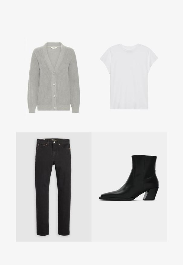 Cardigan en tricot gris avec un col en V, texture côtelée, cinq boutons sur le devant et manches longues. Design léger et polyvalent.; T-shirt blanc à manches courtes, col rond, coupe décontractée, en tissu de coton doux. Texture lisse, sans motifs ni logos.; Jean en denim noir avec une coupe droite, un design à cinq poches, des rivets en métal et des coutures contrastées. Texture lisse avec une coupe classique.; Bottine en cuir noir avec un bout pointu, une silhouette élégante et un talon carré massif. Texture lisse avec des détails de couture minimalistes.