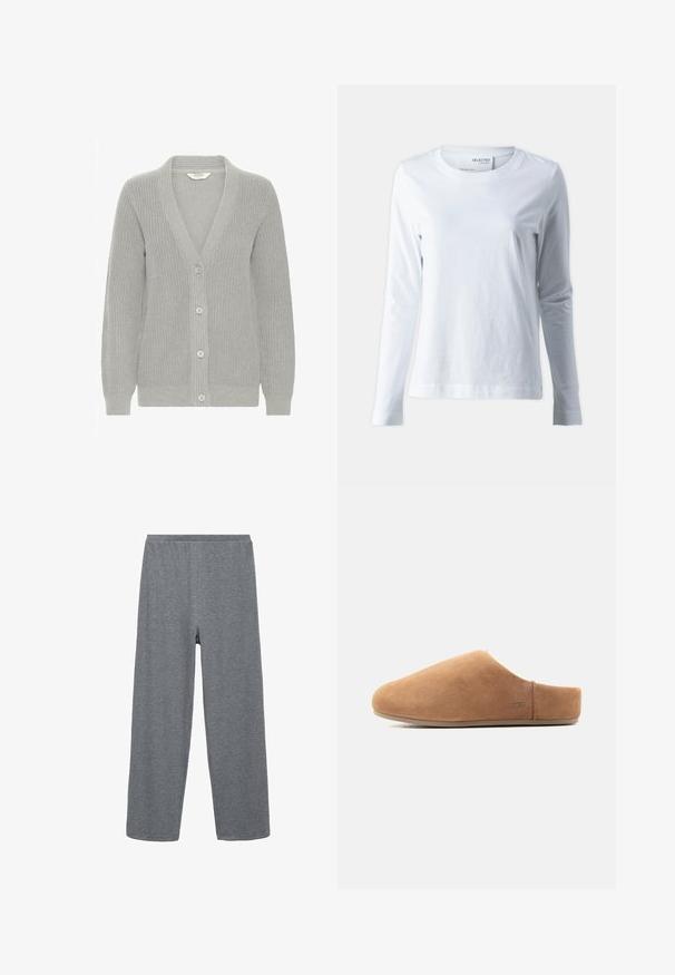 Cardigan tricoté gris clair avec col en V, manches longues, poignets côtelés et quatre boutons blancs à l'avant.; T-shirt blanc à manches longues en coton doux. Il présente un col rond et des manches ajustées. Texture lisse avec un design uni.; Pantalon décontracté gris à taille élastique avec jambes droites, en tissu doux, présenté à plat sur fond blanc.; Chausson en suède beige à enfiler, avec bout fermé, talon ouvert, semelle plate et petit logo UGG sur le côté, montré de profil.